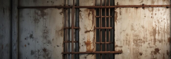 Damp and dingy prison cell with rusty bars and peeling paint, eerie atmosphere, moldy walls, damp prison cell