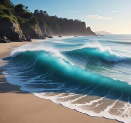 A soothing blue wave crashes against the shore of an empty beach, blue, beach