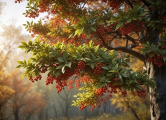 The tree's leaves are a vibrant green while the branches are adorned with bright red berries in autumn , forest scenery, natural world, nature reserve