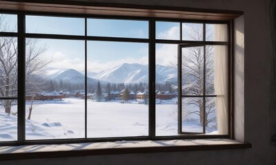 A window in an apartment building shows a beautiful winter landscape, window, apartment building