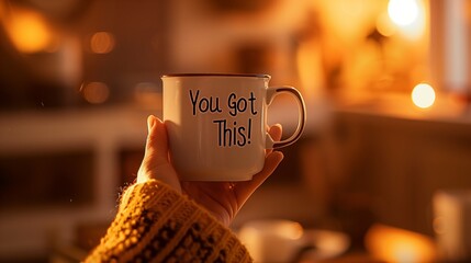 A hand holding a mug that says "You Got This!" captured in warm, inviting lighting.