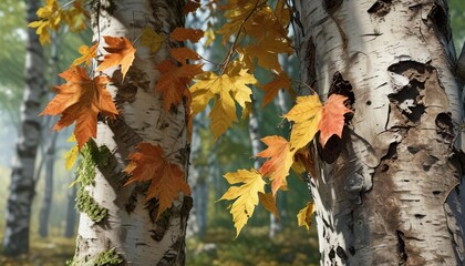 Leaves of different shades crumbling down from a birch tree, leaf fall, gentle hues, autumn colors