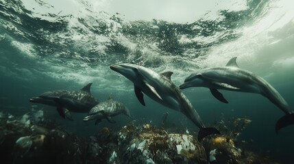 Obraz premium Oceanic Dolphins Underwater, Graceful Marine Wildlife Scene