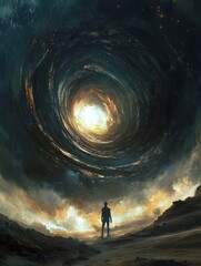 Fototapeta premium A lone figure contemplates a swirling cosmic vortex, a bright light emanating from its center against a dramatic sky.