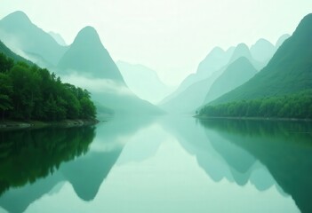 Misty Mountain Lake Reflection
