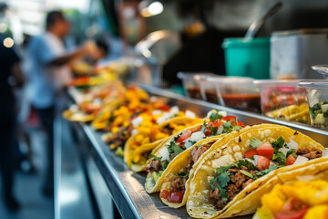 A food truck serving tacos on the street, with people in the background blurred out