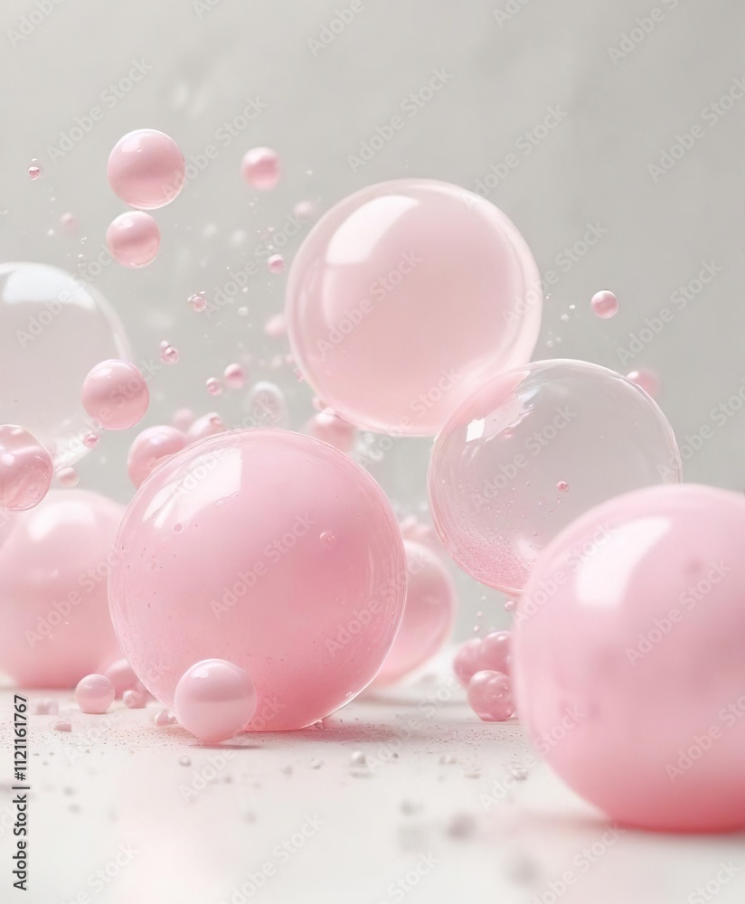 Wall mural tiny pink bubbles float on a soft white abstract background with delicate texture and pastel colors 