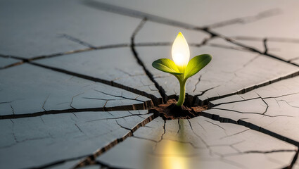 Green plant emerging from cracked surface symbolizes resilience and hope in difficult conditions