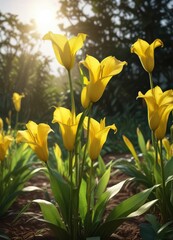 Obraz premium Tall stalks of bright yellow cala lilies in a field with sunlight filtering through the leaves , sunlight, bright yellow cala lily