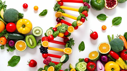 Colorful display of fresh fruits and vegetables arranged in a DNA helix shape showcasing healthy eating and nutrition benefits