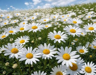 Obraz premium Field of white daisies in bloom under a clear blue sky on a sunny summer day , countryside, summer