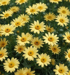 Fototapeta premium Soft yellow daisies floating gently in a gentle summer breeze, soft yellow flowers, soft petals, serene atmosphere