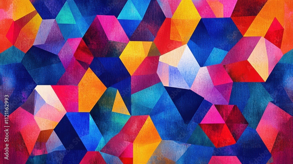 Poster bright geometric pattern with colorful polygon shapes in a layered abstract style