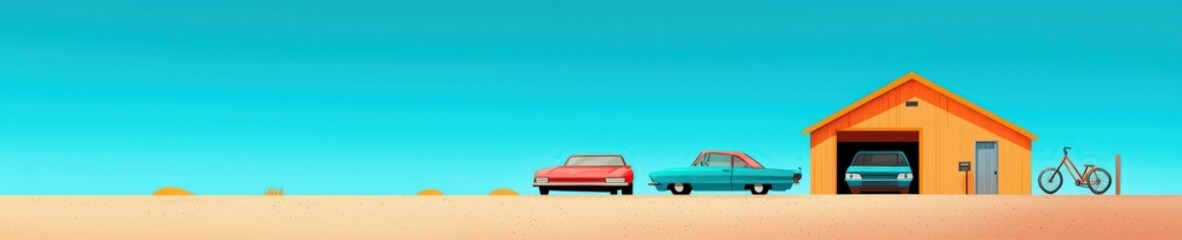 A house with a garage full of cars next to a bicycle leaning on a shack.