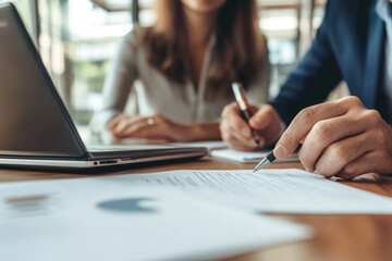 Business professionals in a modern office, engaged in a focused contract signing moment with pens and electronic devices