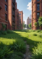 Fototapeta premium Serene grassy field with lush greenery and tall brick buildings, nature, serene