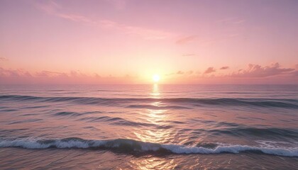 Fototapeta premium Soft pink hues of dawn breaking over the ocean, morning sky, , ocean waves