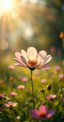 Warm sunlight illuminates the delicate petals of a blooming wildflower, casting a warm glow over a lush meadow, sunlight filtering, floral beauty, sunbeams