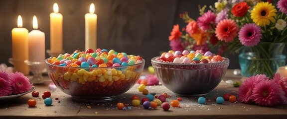 A bowl of colorful candy and sweets on a decorated table with candles and flowers, festive desserts, valentines day treats