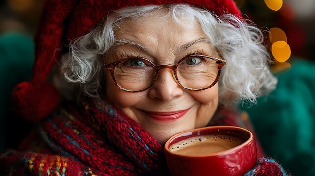 Joyful Mrs Claus with a glowing festive smile sipping cocoa in a vibrant holiday scene on green