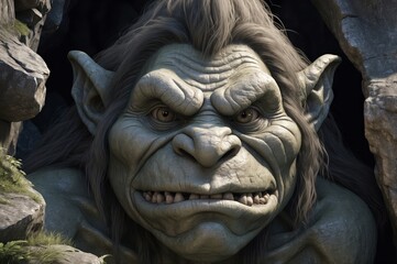 Fototapeta premium Angry green goblin face peering from cave.