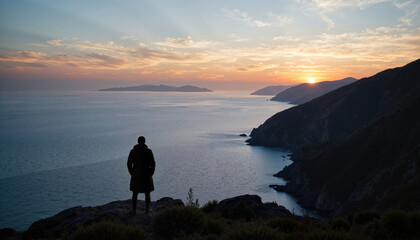 Silhouette of person overlooking ocean at sunset