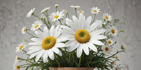 Abstract white daisy flower arrangement with loose, organic shapes and a mix of large and small blooms , mixed bloom size, daisy arrangement