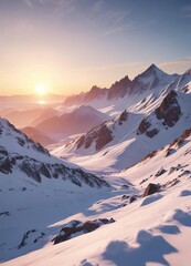 A beautiful winter sunset over snow-covered mountains, snowy mountains, snow-capped peaks