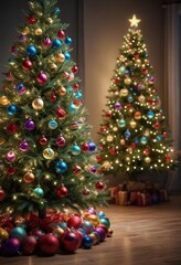 A beautifully lit LED-lit Christmas tree with colorful and shiny ornaments , snowy scene, holiday cheer, shiny ornaments