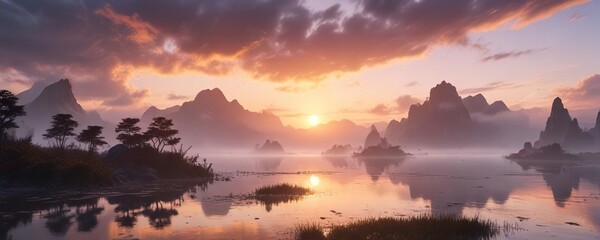 Naklejka premium Lagoon landscape at sunset with fog and clouds creating a mystical ambiance, serene atmosphere, natural scenery