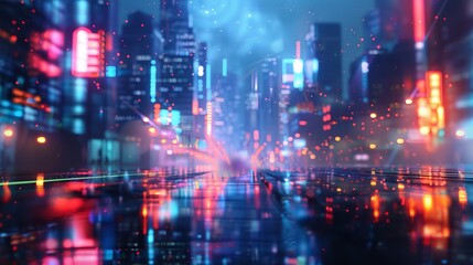 Technology screen with blurred city abstract lights background.