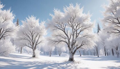 Obraz premium Delicate branches of white-painted trees sway gently in the soft breeze amidst a blanket of pristine snow, frosty forest, white painted trees