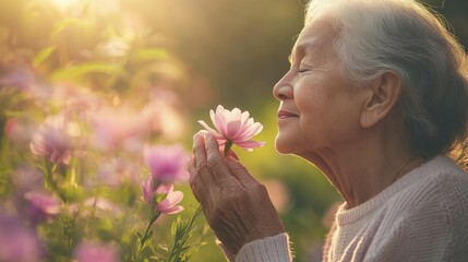 Elderly Woman Enjoys Natures Beauty, Pink Flowers, Golden Sunset