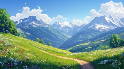 Obraz premium Serene Mountain Meadow Path With Blooming Flowers