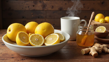 Fresh lemons with honey and ginger on wooden table