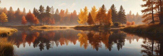 A tranquil lake reflects the warm hues of autumn grass and trees, creating a sense of peaceful calm, rural landscape, peaceful atmosphere, serene lake scene