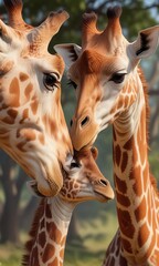 Obraz premium Gentle giraffe mother nuzzling her calf with soft lips and a warm gaze , giraffe, lips