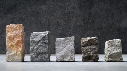 Five RoughHewn Stone Blocks, Varied Colors, Textured Surfaces, Gray Background