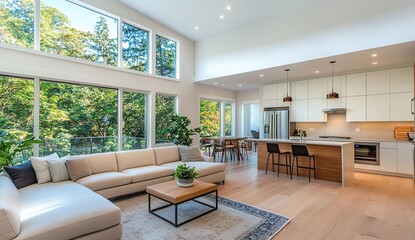 Modern Open-Concept Home Design: Luxurious Living Space with Stunning Natural Light and Hardwood Floors, Featuring a Gourmet Kitchen and Comfortable Sectional Sofa.