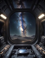 Naklejka premium A stunning vista of the Milky Way galaxy visible through the viewfinder of a spaceship or starship in flight , milky way, stars