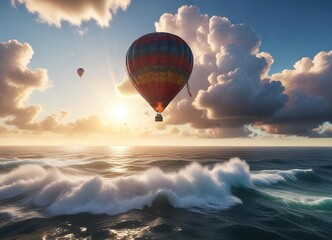 An air balloon cruises above the ocean with billowing clouds and sunlight illuminating its vibrant envelope, light, vibrant, envelope