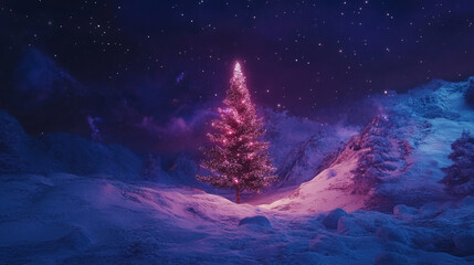 Fototapeta premium Magical winter landscape with a glowing Christmas tree under a starry sky