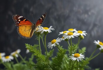 Butterfly perched on the curved stem of a feverfew plant, natural, foliage, flowers of france