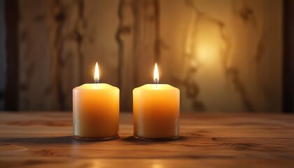 Candle on a wooden table with a soft golden light, cozy atmosphere, relaxing