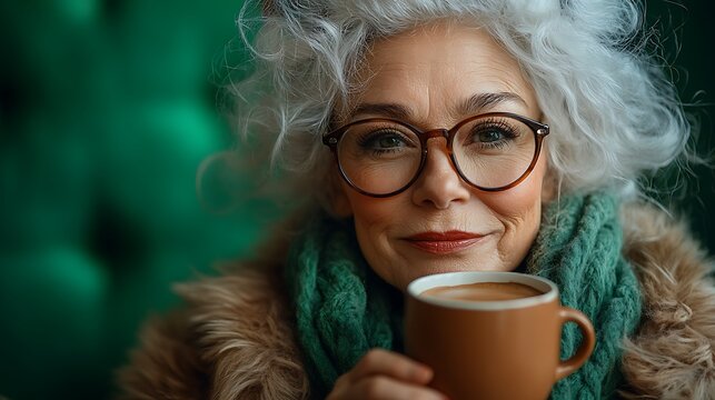 Cheerful Mrs Claus sipping cocoa and spreading festive joy with a vibrant green backdrop