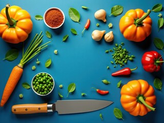 Fresh vegetables forming a frame on blue background with knife