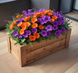 vibrant purple and orange flowers in a modern wooden planter box on a natural fiber rug , wood grain, flowers