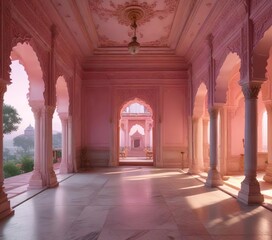 Fototapeta premium A serene and peaceful Raj Mahal in the morning with soft pink light filtering through, serenity, peaceful, grandeur