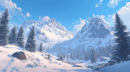 Fototapeta premium Snow Covered Mountains And Evergreen Trees Winter Landscape