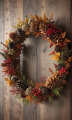 Dried leaves, pine cones and berries arranged in a beautiful autumnal wreath on a wooden beam, pine cones, foliage, dried flowers